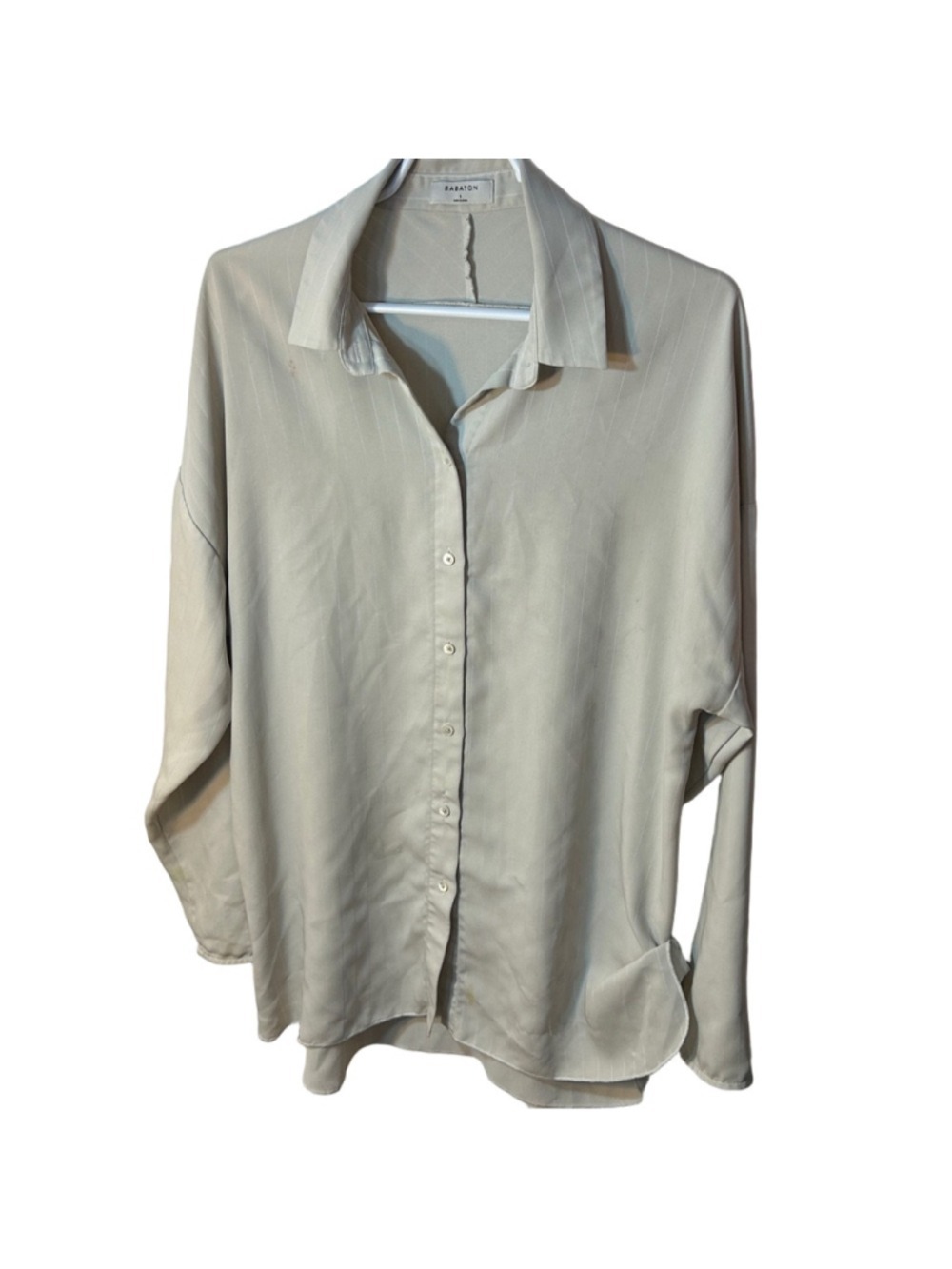 Babaton Pinstripe Button Shirt Elegant Beige Women's Top size Large Career Flaw*